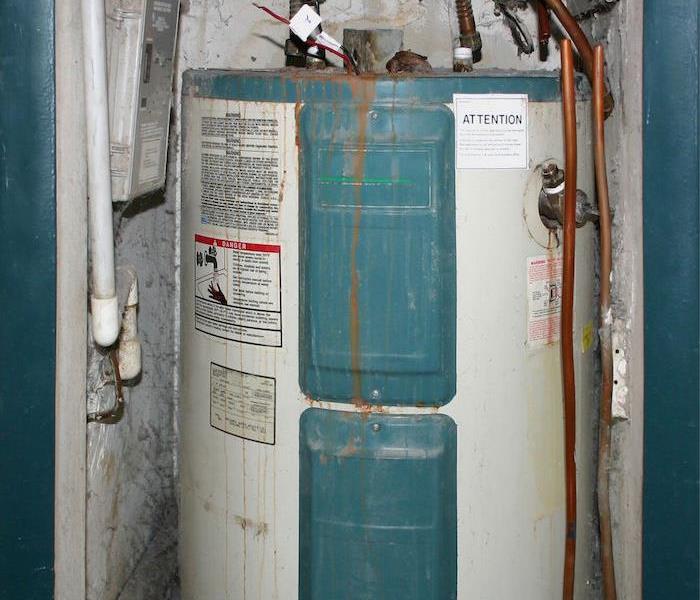 white and blue water heater with mold and rust on it