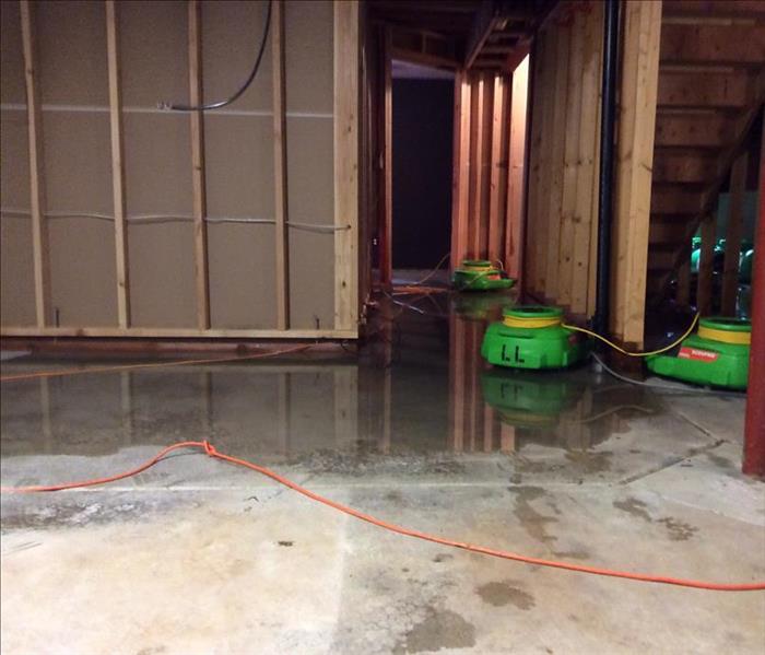 room with drywall removed exposing wood framing and water pooling on the ground