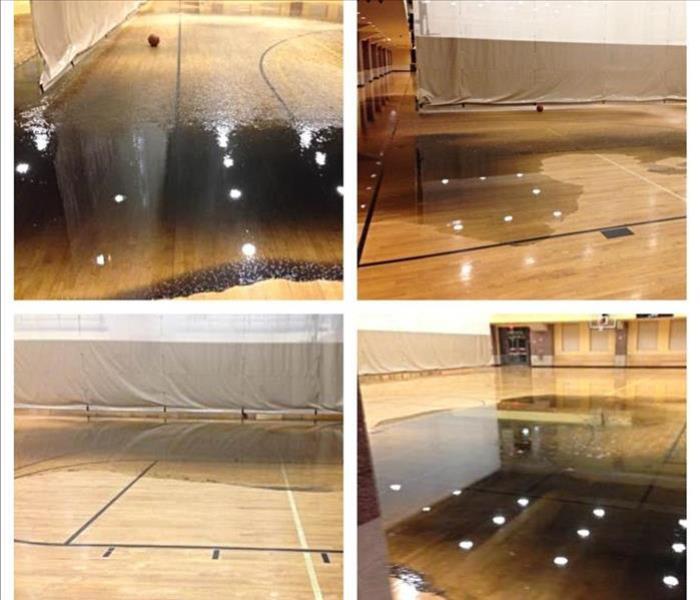 collection of four photos showing water damage on a gym floor
