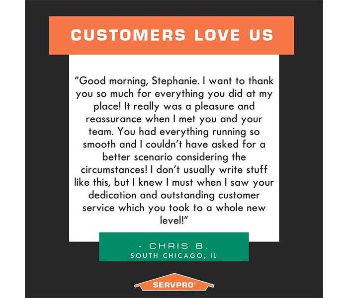 testimonial written out on a white and black background, SERVPRO logo at the bottom