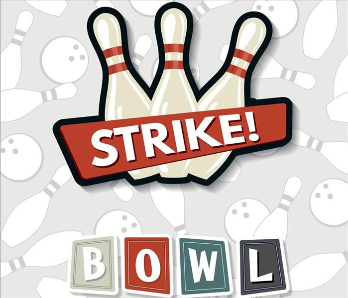 bowling balls and pins graphic that says Strike Bowl