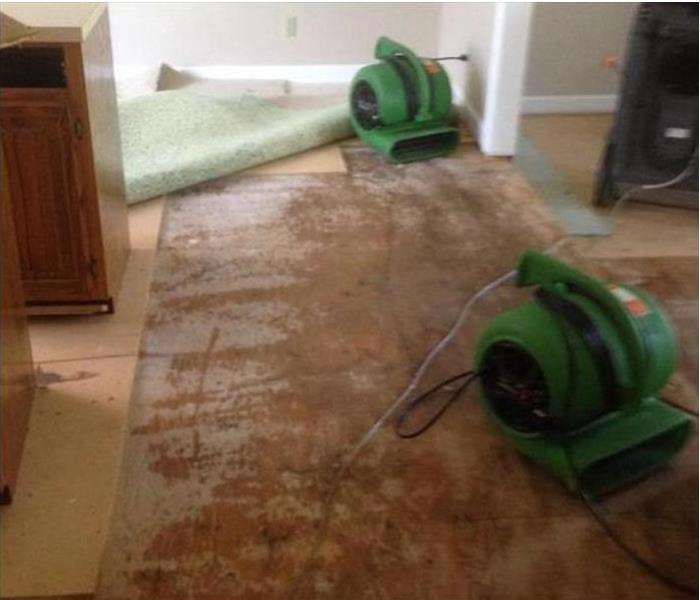 Water damage to a floor in a kitchen 