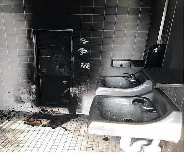 Fire damaged bathroom in an office building