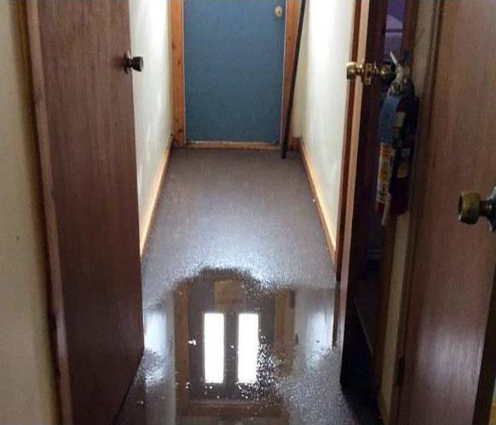 hallway with water pooling on brown carpet
