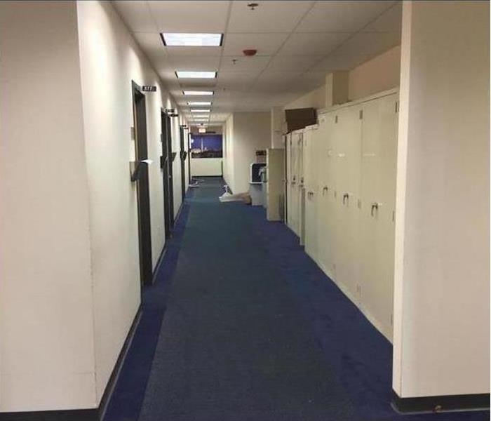 hallway with dark blue carpet and white walls