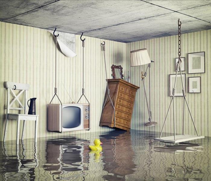 room with cream walls flooded with water